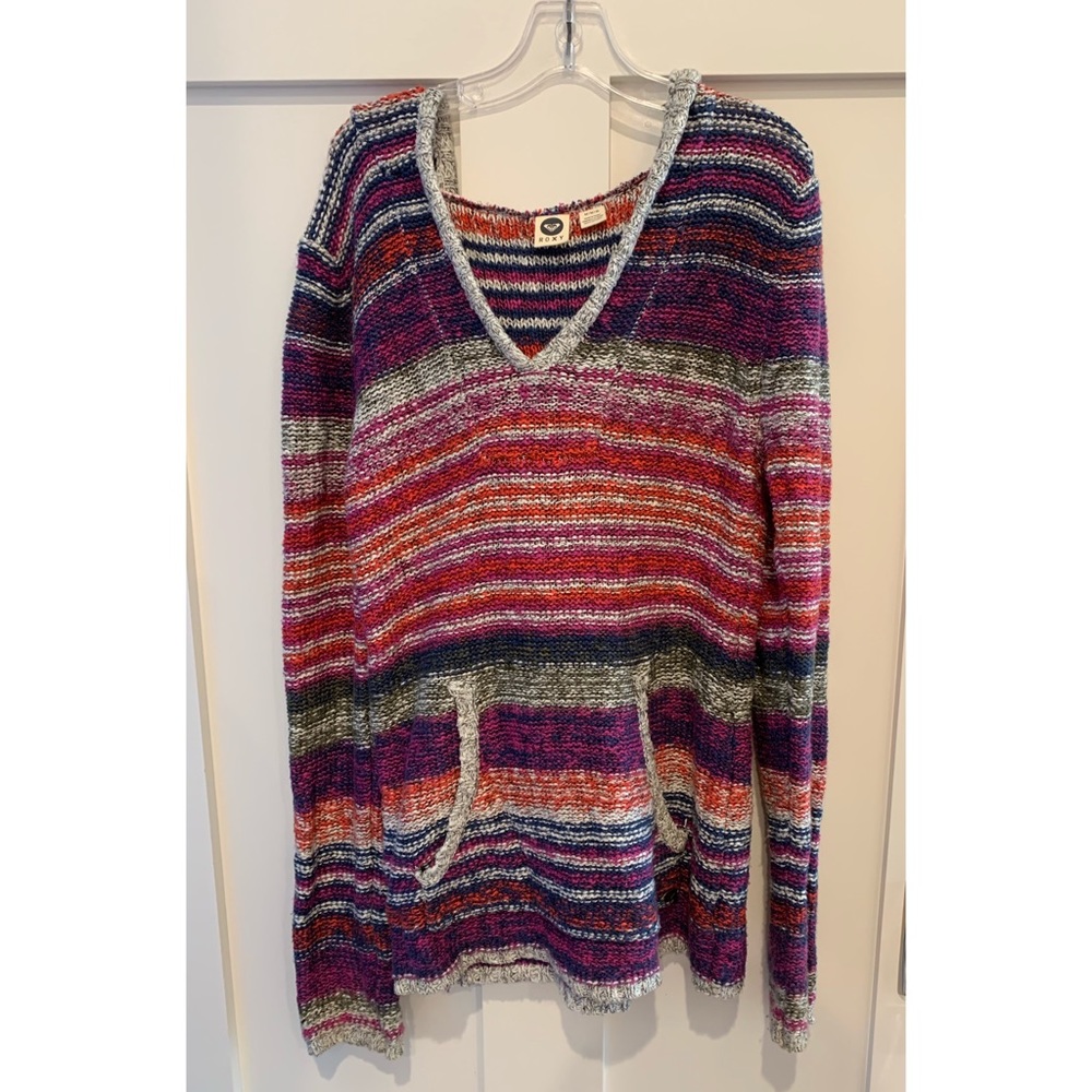 ROXY Striped Knit Hoodie Sweater pink purple blue white Medium